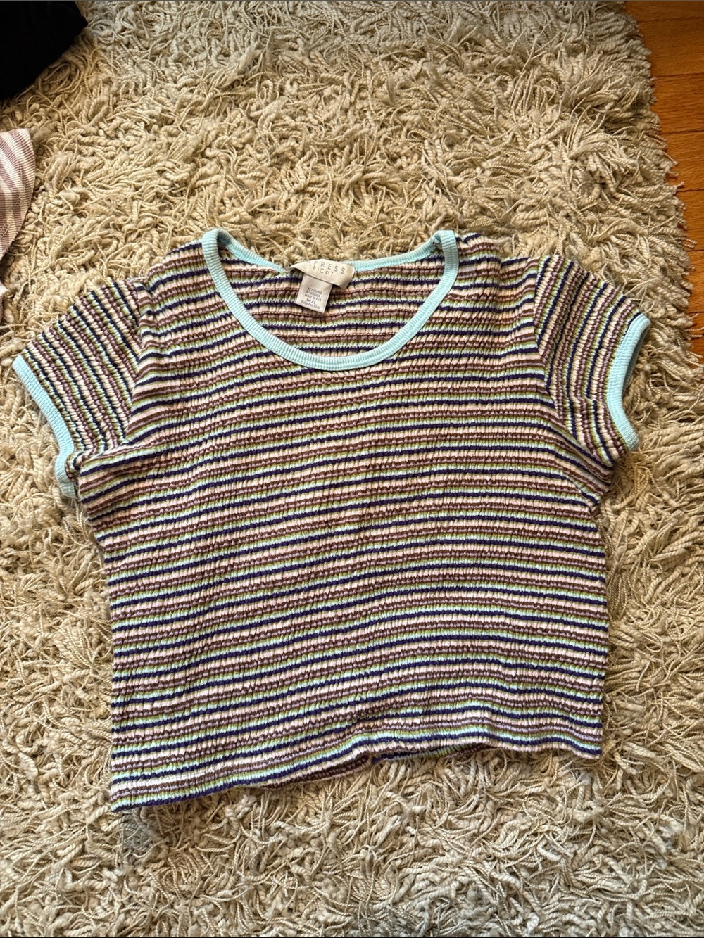 Vintage Express Multicolor Thin Striped Tee with Light Blue Trim